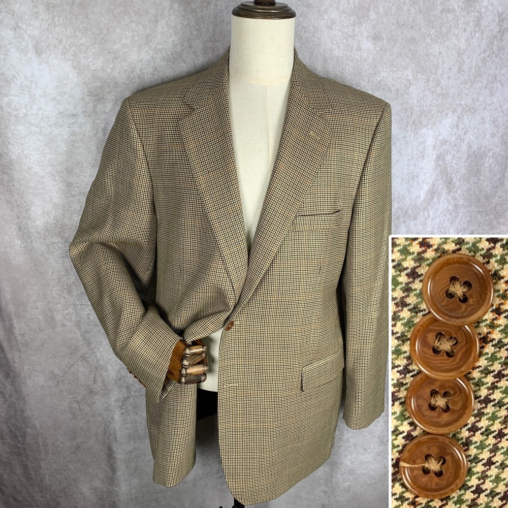 Brooks Brothers Blazer Jacket Men 46L Brown Houndstooth Windowpane Sport Coat